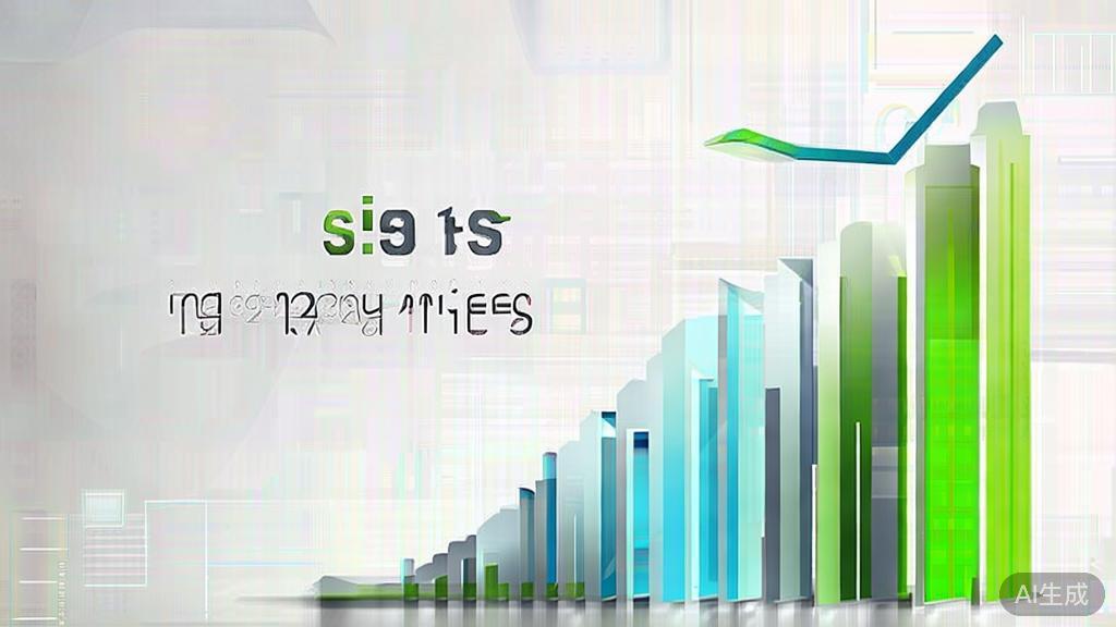 "Upward trending graph with simple geometric elements, green and blue color palette, clean business infographic style, minimal design, growth concept"