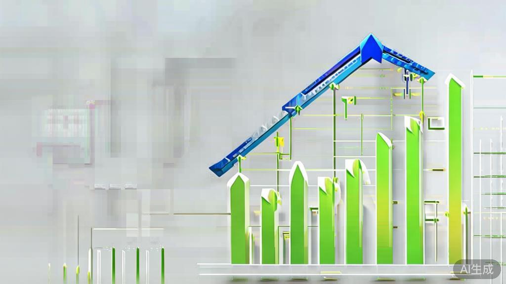 "Upward trending graph with simple geometric elements, green and blue color palette, clean business infographic style, minimal design, growth concept"