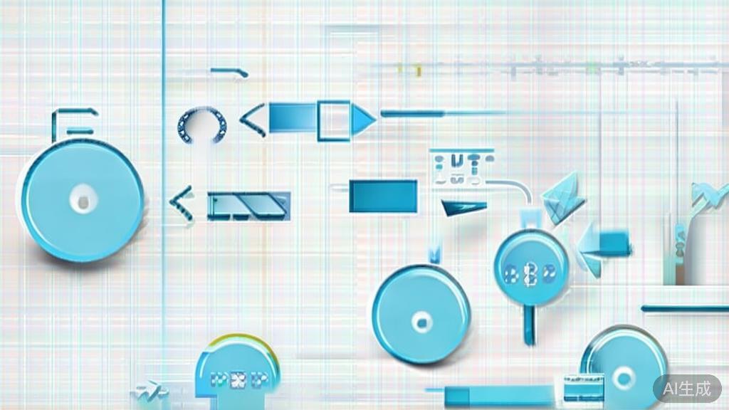 Simple flowchart illustration with connected circles and arrows, light blue and white color scheme, clean minimal design, business presentation style, infographic element