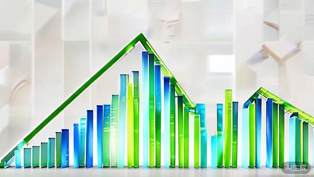 Upward trending graph with simple geometric elements, green and blue color palette, clean business infographic style, minimal design, growth concept