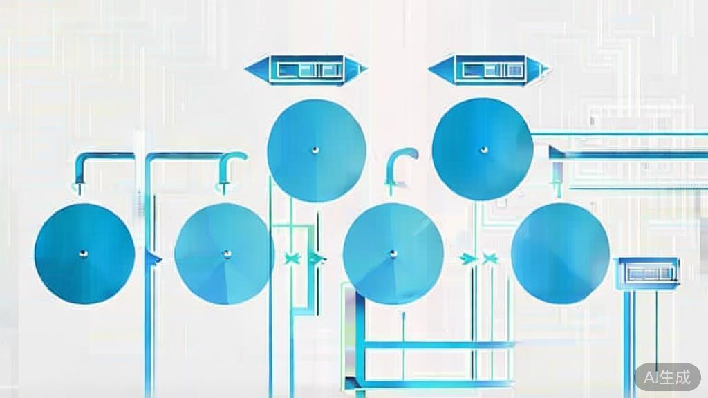 "Simple flowchart illustration with connected circles and arrows, light blue and white color scheme, clean minimal design, business presentation style, infographic element"