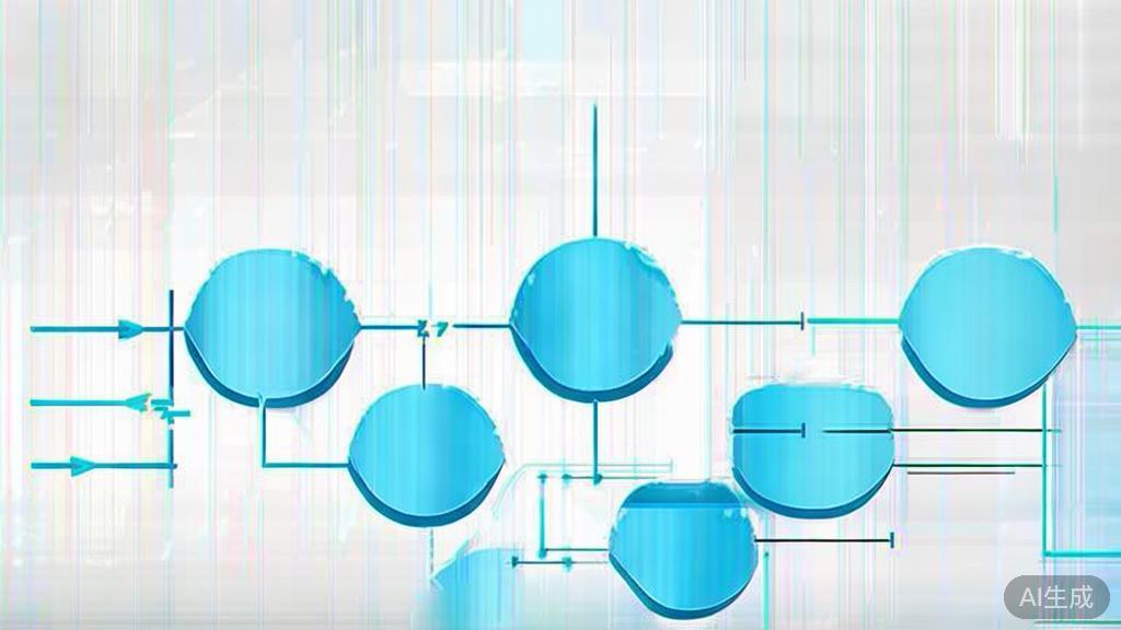 Simple flowchart illustration with connected circles and arrows, light blue and white color scheme, clean minimal design, business presentation style, infographic element