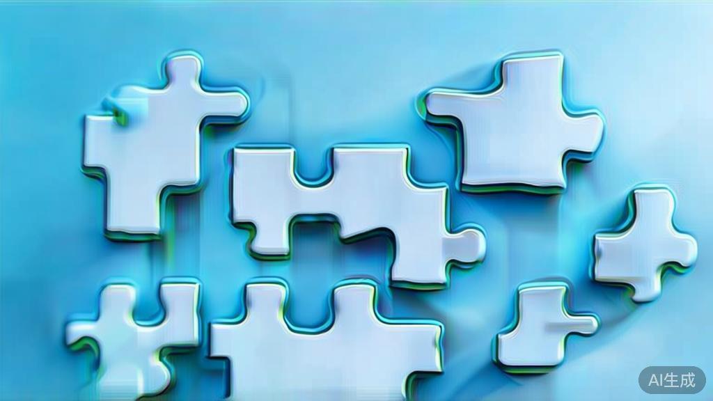 Simple puzzle pieces connecting together, gradient blue background, clean flat design, business solution concept, minimalist style, success concept