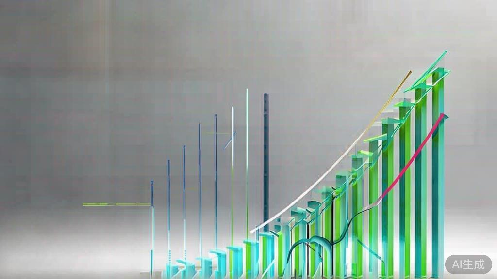 "Upward trending graph with simple geometric elements, green and blue color palette, clean business infographic style, minimal design, growth concept"