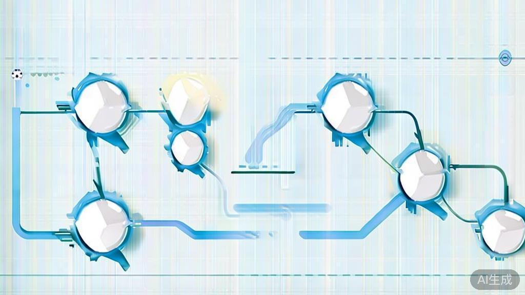 "Simple flowchart illustration with connected circles and arrows, light blue and white color scheme, clean minimal design, business presentation style, infographic element"