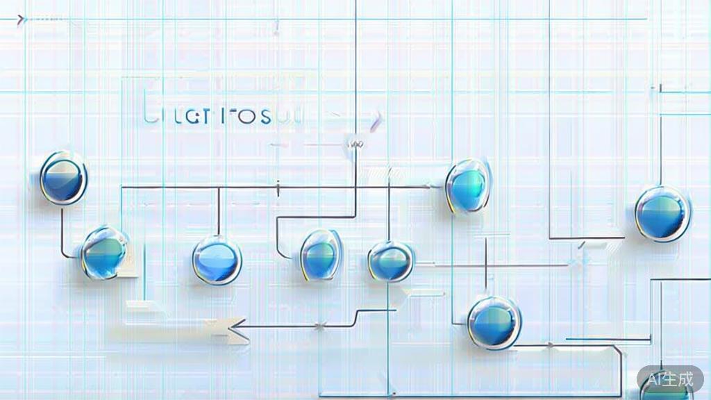 "Simple flowchart illustration with connected circles and arrows, light blue and white color scheme, clean minimal design, business presentation style, infographic element"