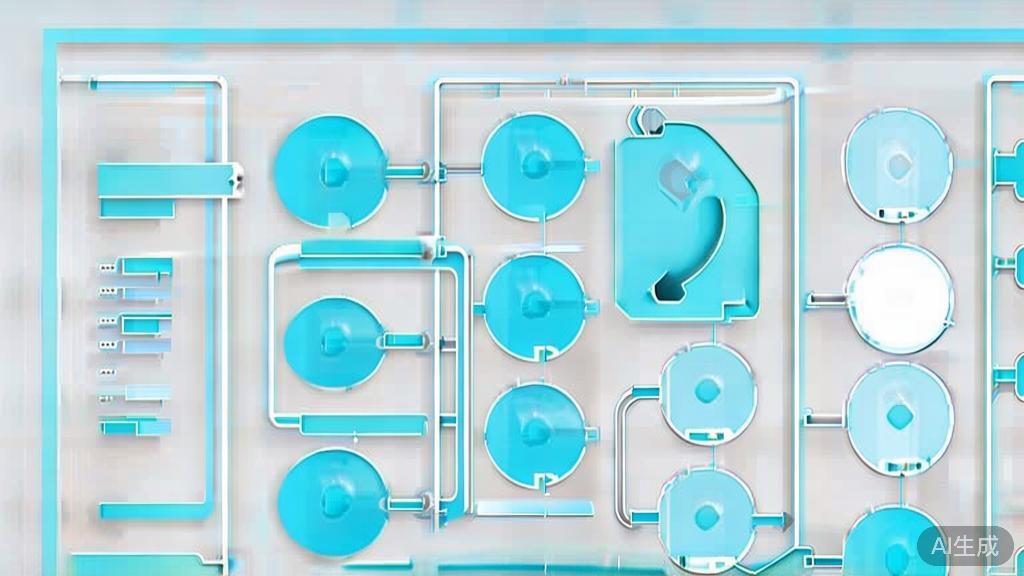 Simple flowchart illustration with connected circles and arrows, light blue and white color scheme, clean minimal design, business presentation style, infographic element