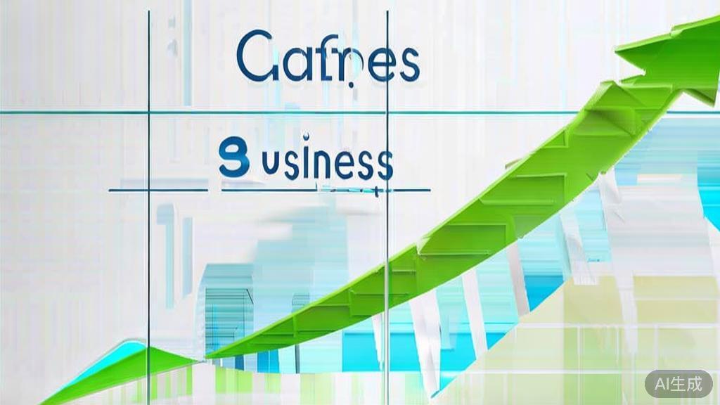 Upward trending graph with simple geometric elements, green and blue color palette, clean business infographic style, minimal design, growth concept