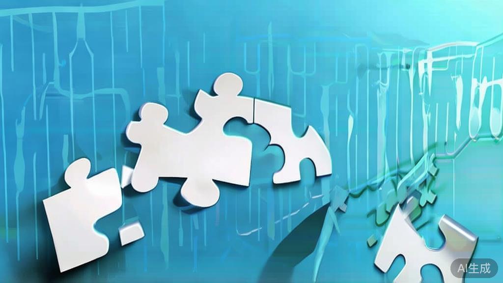 Simple puzzle pieces connecting together, gradient blue background, clean flat design, business solution concept, minimalist style, success concept