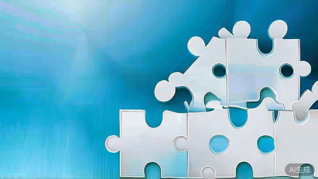 Simple puzzle pieces connecting together, gradient blue background, clean flat design, business solution concept, minimalist style, success concept