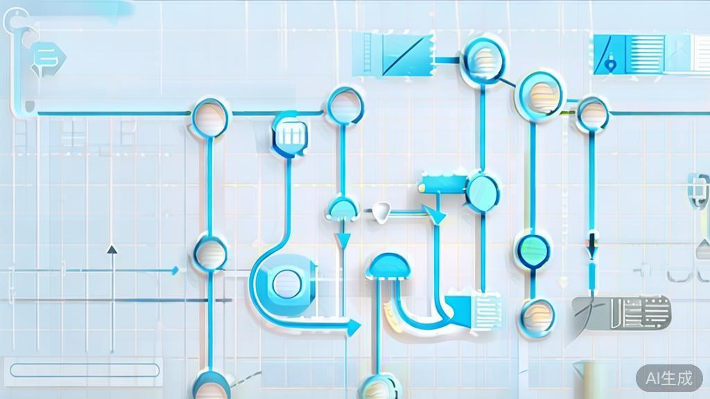 "Simple flowchart illustration with connected circles and arrows, light blue and white color scheme, clean minimal design, business presentation style, infographic element"
