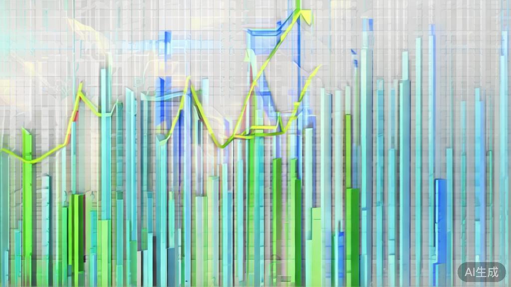 Upward trending graph with simple geometric elements, green and blue color palette, clean business infographic style, minimal design, growth concept