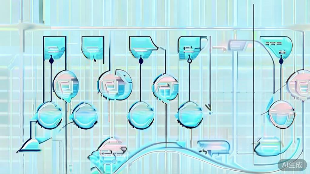 Simple flowchart illustration with connected circles and arrows, light blue and white color scheme, clean minimal design, business presentation style, infographic element