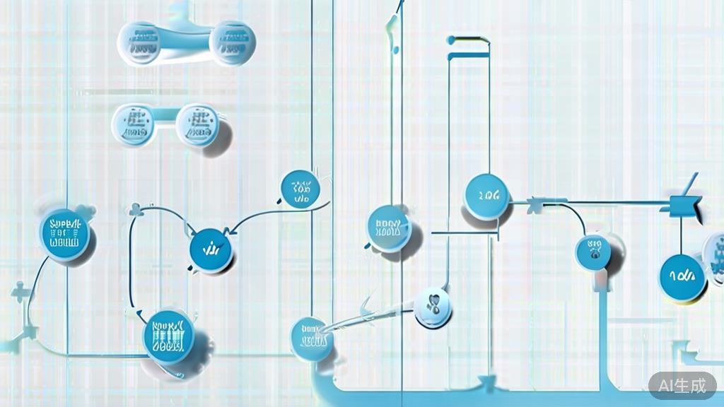 Simple flowchart illustration with connected circles and arrows, light blue and white color scheme, clean minimal design, business presentation style, infographic element