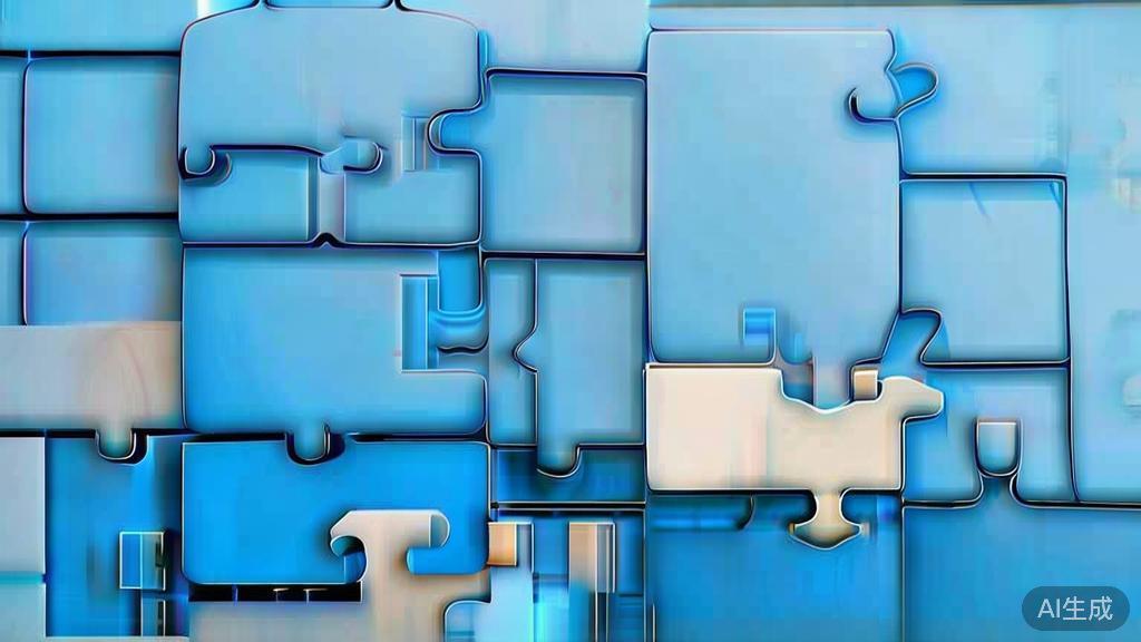 Simple puzzle pieces connecting together, gradient blue background, clean flat design, business solution concept, minimalist style, success concept