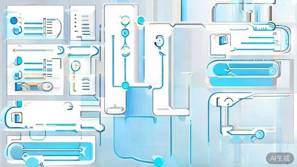 Simple flowchart illustration with connected circles and arrows, light blue and white color scheme, clean minimal design, business presentation style, infographic element