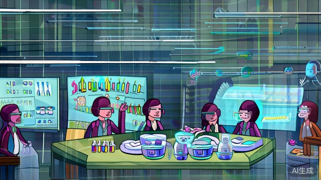 Students engaging in virtual reality learning in a futuristic classroom setting.