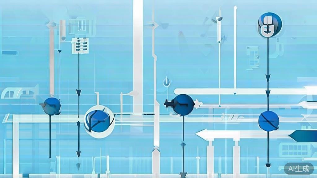 Simple flowchart illustration with connected circles and arrows, light blue and white color scheme, clean minimal design, business presentation style