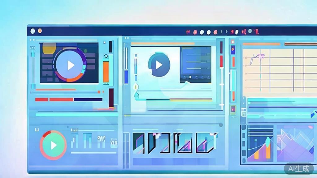 Flat vector illustration of video performance analysis, dashboard style, soft blue gradient