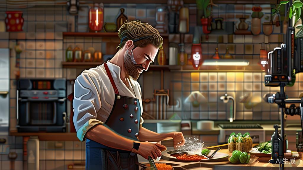 "High-quality business illustration regarding food blogging, depicting a person cooking and filming a recipe in a cozy kitchen"