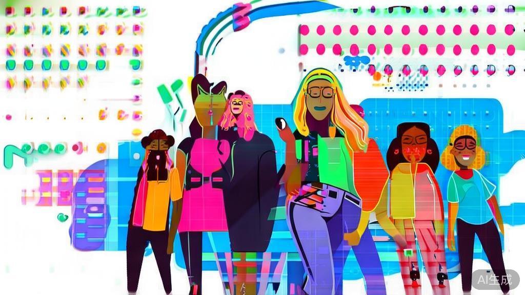 "Flat vector illustration of a fashion influencer, showcasing a stylish outfit and engaging with followers on social media"