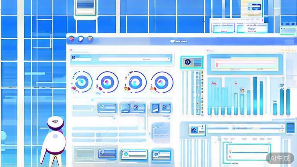 Flat vector illustration of AI and SEO metrics, dashboard style, soft blue gradient