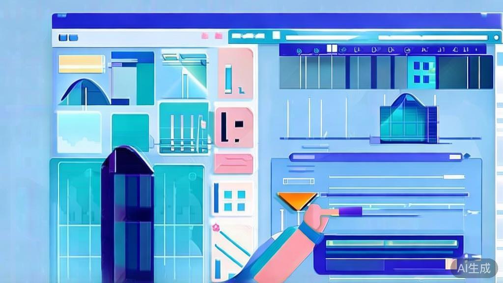 Flat vector illustration of a person using a video editing software, dashboard style, soft blue gradient