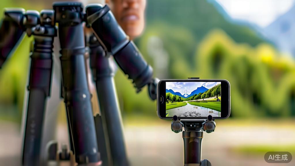 "High-quality business illustration of a person filming with a smartphone using a tripod, showcasing stability and composition techniques, minimal design"