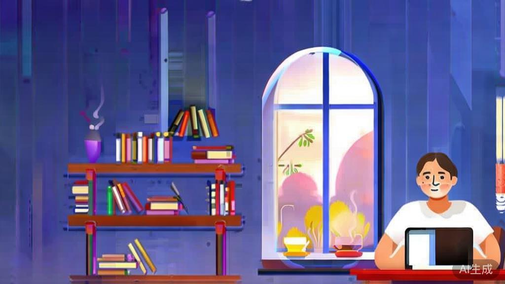 "Flat vector illustration of overcoming writer's block, featuring a writer in a relaxed environment, soft blue gradient"