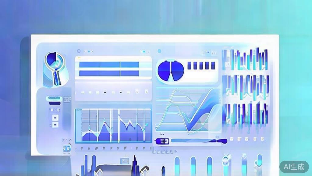Flat vector illustration of data analysis in digital marketing, dashboard style, soft blue gradient