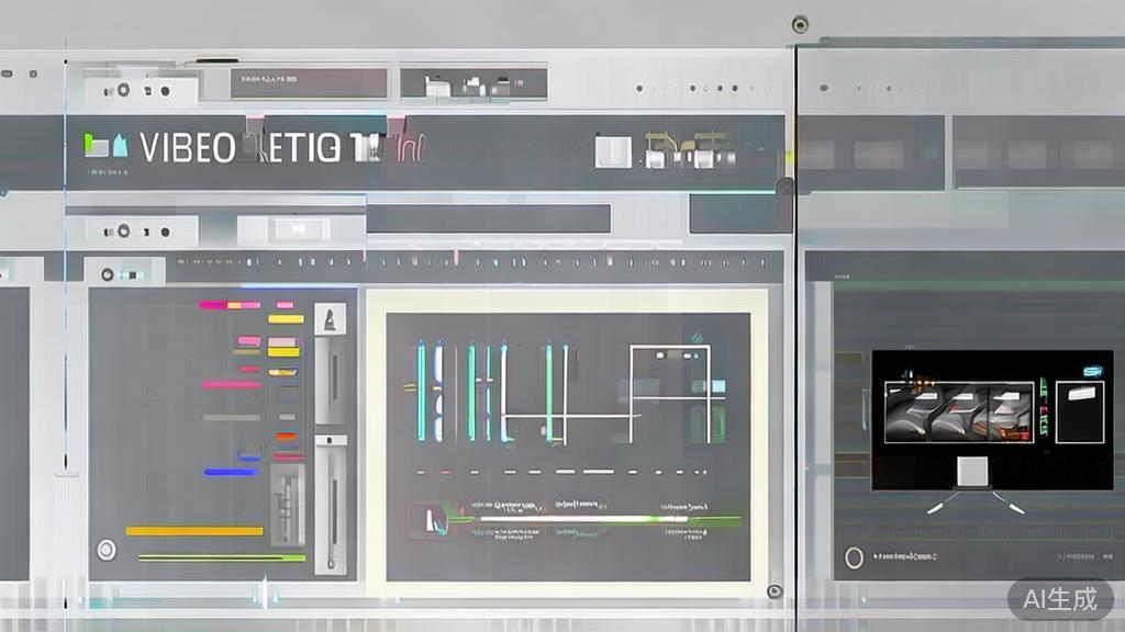 "High-quality business illustration of video editing techniques, featuring subtitles and graphics, minimal flat design"
