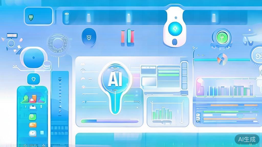 "Flat vector illustration of creative transformation using AI, dashboard style, soft blue gradient"