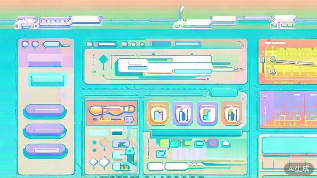 "Flat vector illustration of animation software tools, dashboard style, soft blue gradient"