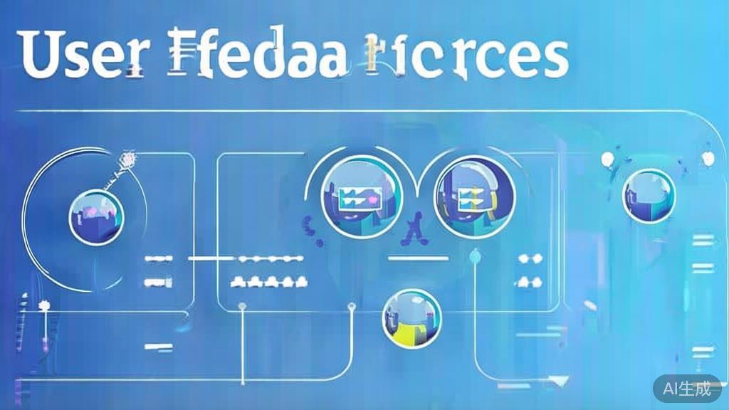 "Flat vector illustration of user feedback process, dashboard style, soft blue gradient"