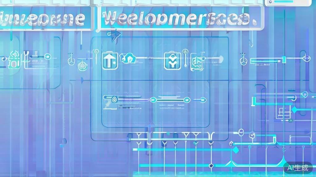 Flat vector illustration of video game script development process, dashboard style, soft blue gradient