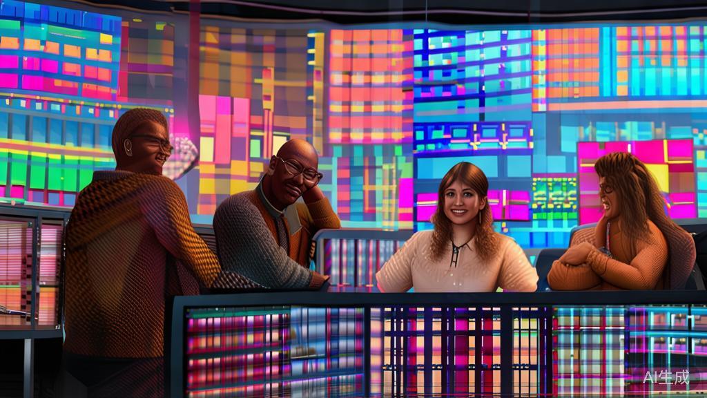 "High-quality illustration of diverse creative individuals using video editing software, engaged in the process of creating short films, in a corporate Memphis style"