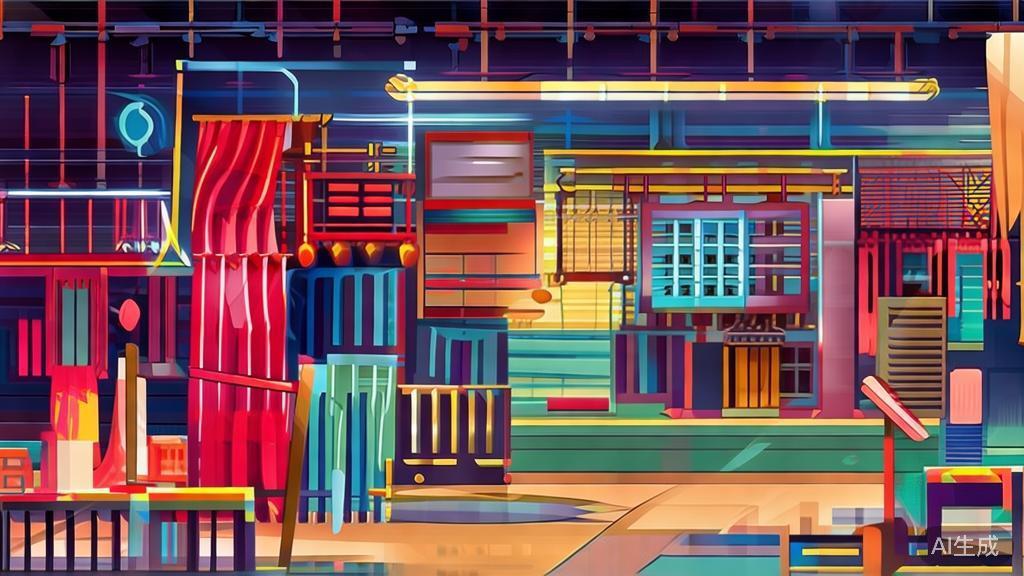 "Flat vector illustration of a film set with colorful props and lighting, high-quality design"