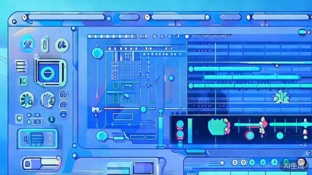 Flat vector illustration of video editing process, dashboard style, soft blue gradient