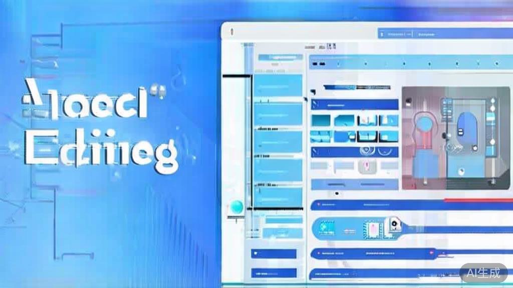 Flat vector illustration of AI technology in video editing, dashboard style, soft blue gradient