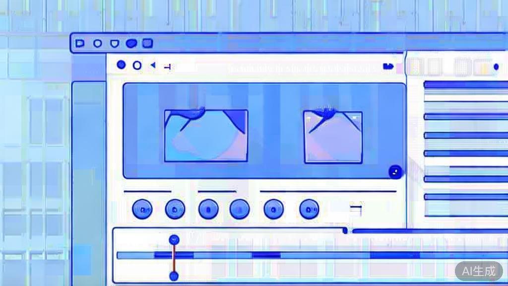 Flat vector illustration of user experience in video editing software, dashboard style, soft blue gradient