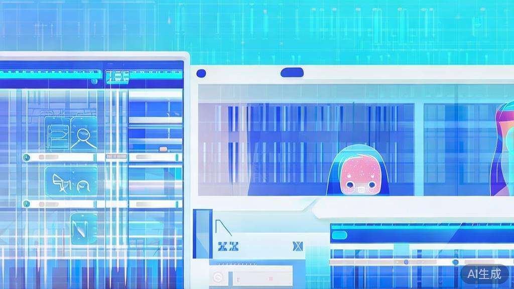 Flat vector illustration of artificial intelligence in video editing, dashboard style, soft blue gradient