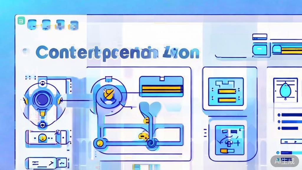 Flat vector illustration of AI content generation process, dashboard style, soft blue gradient