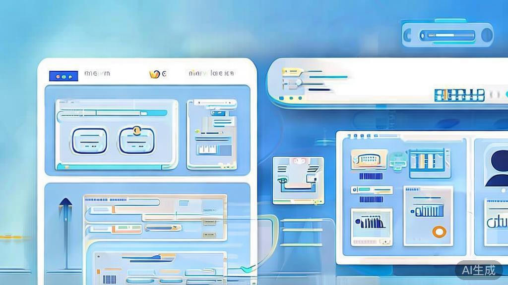 Flat vector illustration of digital human applications in education and healthcare, dashboard style, soft blue gradient