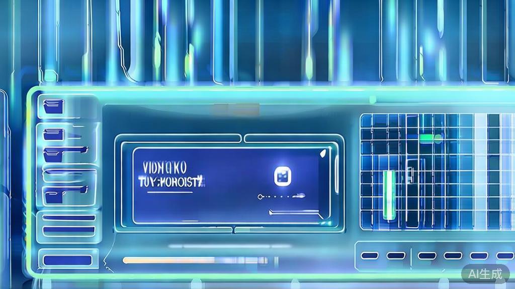 Flat vector illustration of future trends in video synthesis technology, dashboard style, soft blue gradient