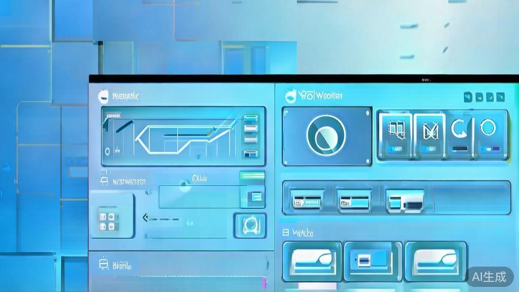 Flat vector illustration of AI software features, dashboard style, soft blue gradient