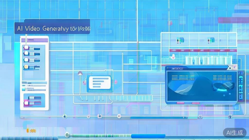 Flat vector illustration of AI video generation process, dashboard style, soft blue gradient