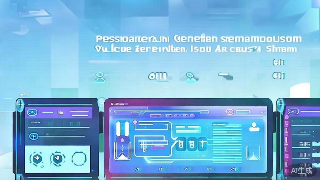 Flat vector illustration showing a futuristic scene of personalized video generation, dashboard style, soft blue gradient