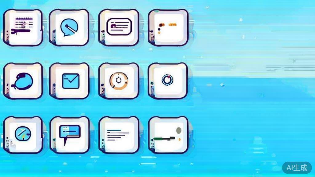 "Flat vector illustration of various digital human software, dashboard style, soft blue gradient"