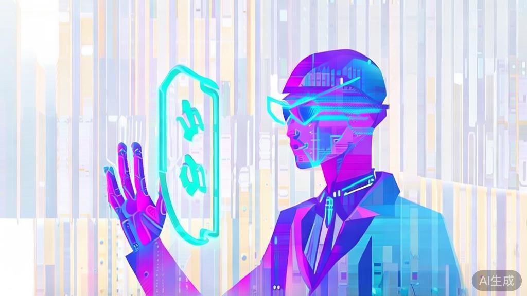 "High-quality business illustration of future digital human technology, minimal flat design"