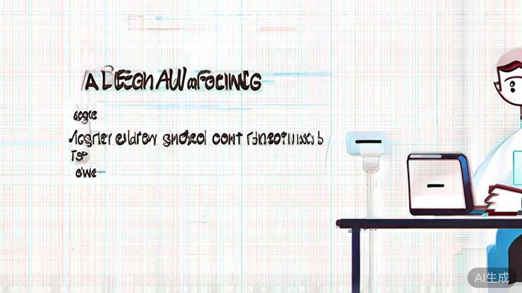 Illustration of a person learning about legal risks in AI generated content, minimal flat design